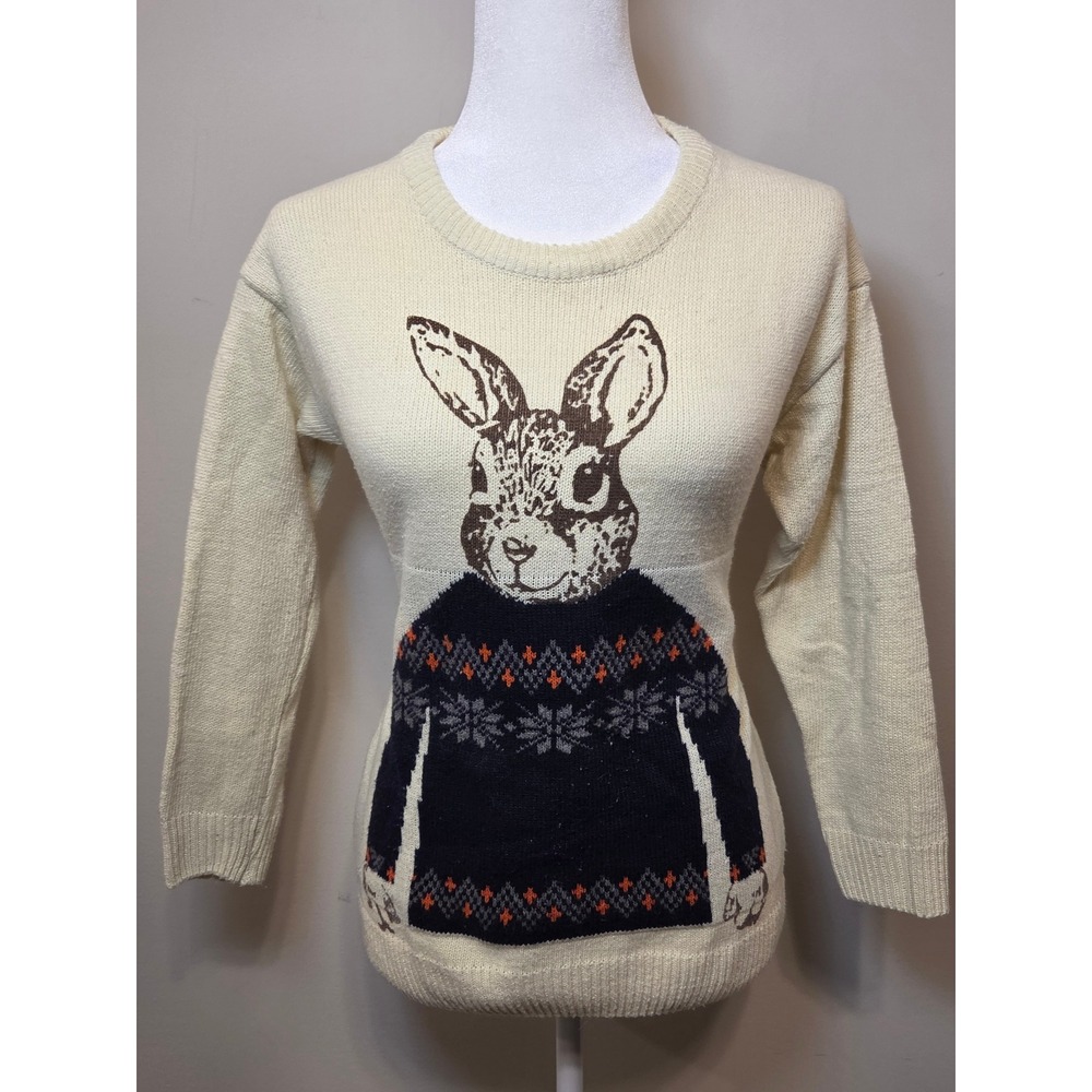 Cream Rabbit Fair Isle Sweater Crewneck Animal Graphic Knit Top